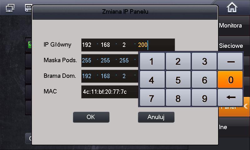 Seria BCS-MON7XXX wprowadź nowy adres IP i naciśnij OK, na liście urządzeń pojawi się panel ze zmienionym adresem IP, następnie należy dodać panel zewnętrzny do listy wejść naciskając przycisk Dodaj,