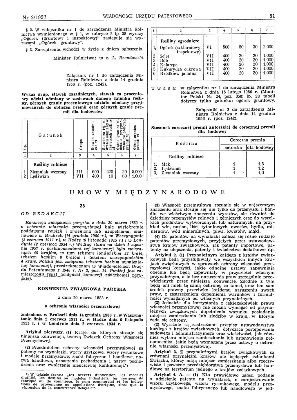 N r 2/1 95 7 WIADOMOŚCI URZĘDU PATENTOWEGO 51 2. W załączniku n r 1 do zarządzenia M inistra Rolnictw a w ym ienionego w 1, w rubryce 2 lp.