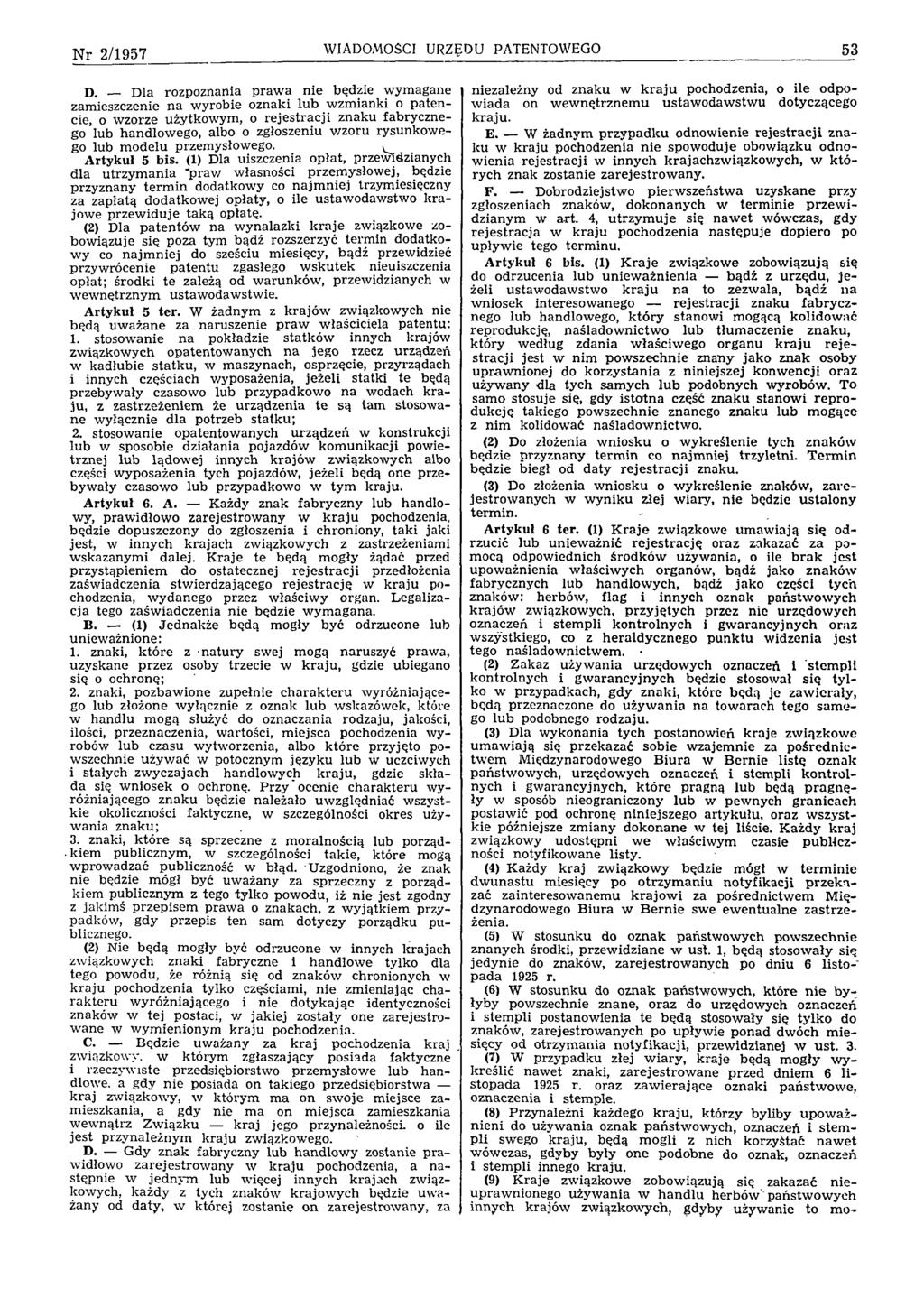 N r 2 /1957 WIADOMOŚCI URZĘDU PATENTOWEGO 53 D.
