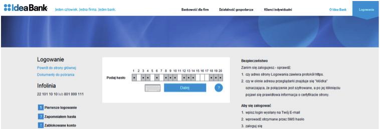 Pierwsze logowanie do bankowości internetowej W celu zalogowania się do bankowości internetowej należy wejść na stronę internetową www.ideabank.pl i kliknąć link Logowanie w prawym górnym rogu.