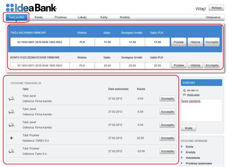 Twój portfel Po zalogowaniu się do bankowości internetowej prezentowana jest strona główna Twój portfel. Zawiera ona podsumowanie stanu rachunków, do których ma dostęp użytkownik.