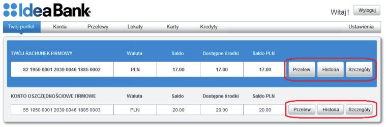 Przy każdym rachunku umieszczone są informacje dotyczące waluty rachunku, salda, dostępnych środków oraz salda liczonego w złotówkach.