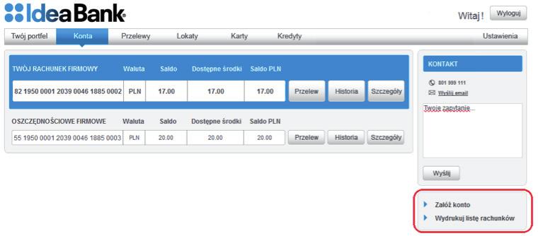 Konta Na tej stronie ponownie przedstawione jest zestawienie posiadanych rachunków rozliczeniowych i oszczędnościowych.