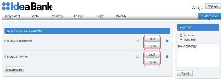 Reguły akceptacji podobnie jak schematy można edytować i usuwać. W tym celu należy wybrać opcję Edycja lub Usuń przy danej regule. Obie czynności wymagają zatwierdzenia za pomocą kodu autoryzacji.
