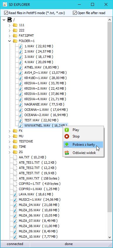 EXE umożliwia również odczyt całej zawartości karty pamięci czyli nazw wszystkich plików i folderów z ich prezentacją w postaci drzewka folderów wraz z zapisanymi w nich plikami oraz ich wielkością w