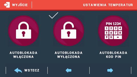 Tech III.i) Zabezpieczenia Po naciśnięciu ikonki Zabezpieczenia w menu głównym ukazuje się panel służący do zmian ustawień blokady rodzicielskiej.