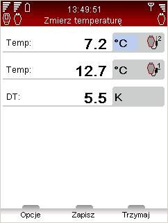 Szybki pomiar TA-SCOPE Pomiar temperatury Przyrząd TA-SCOPE posiada trzy przyłącza do podłączenia czujników temperatury. Czujnik Dp ma dwa przyłącza, a komputer kieszonkowy jedno.