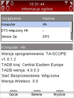 Informacje TA-SCOPE Informacje Opis funkcji Menu Informacje wyświetla podstawowe dane komputera kieszonkowego oraz wszystkich dostępnych czujników, w tym: Stan naładowania baterii.