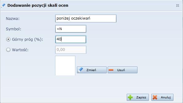 Aby ustawić próg procentowy oceny, zaznacz opcję Próg i w polu obok wprowadź właściwą liczbę.