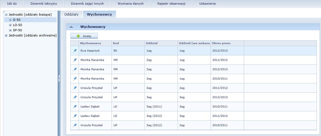 Praca w Panelu administracyjnym wprowadzanie i modyfikowanie danych oddziałów Przypisywanie wychowawców do oddziałów 1.