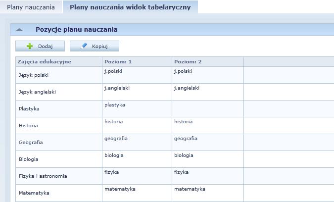 4. Kliknij przycisk Zapisz. 5. Obejrzyj plan nauczania w postaci listy i tabeli.