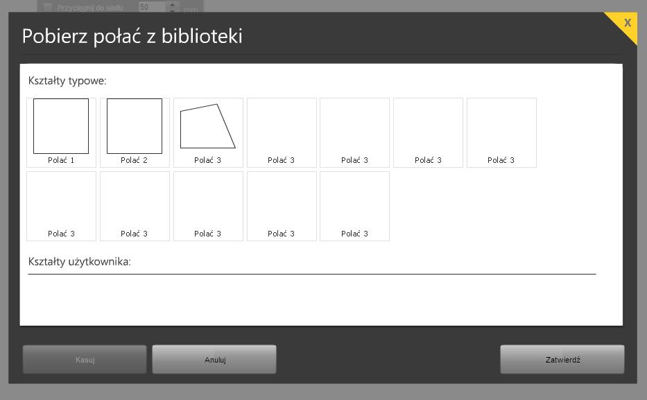 BIBLIOTEKA POŁACI umożliwia wybór z pośród wcześniej zdefiniowanych kształtów połaci dachowych Podczas rysowania za pomocą myszki punkty współrzędnych dodawane będą na przecięciu linii siatki.