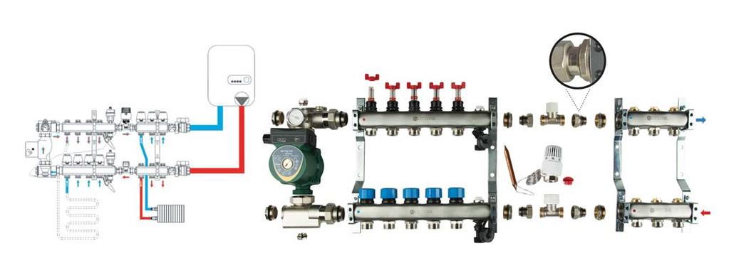 9 Schemat kompletacji grupy mieszajacej z rozdzielaczem do ogrzewania pod³ogowego i rozdzielaczem grzejnikowym. Wersja z pod³¹czeniem z lewej strony. Pó³œrubunek z zaworem zwrotnym.