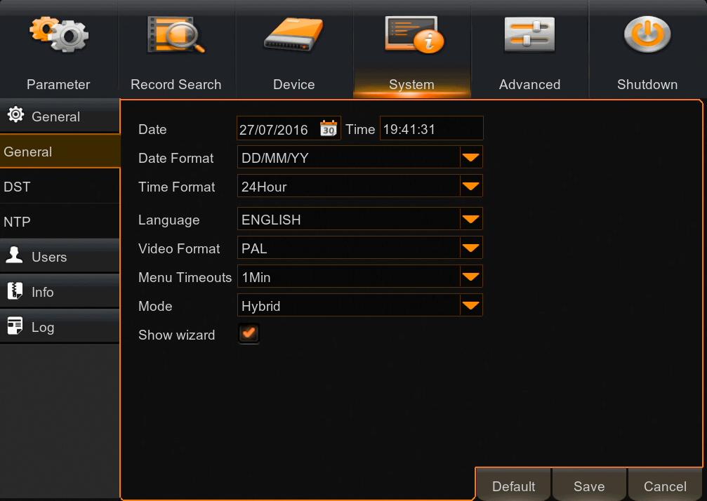 Novus NHDRs allow for connecting AHD and IP cameras in hybrid mode. DVR or hybrid mode can be selected in menu System \ General \ Mode (shown on the picture above).