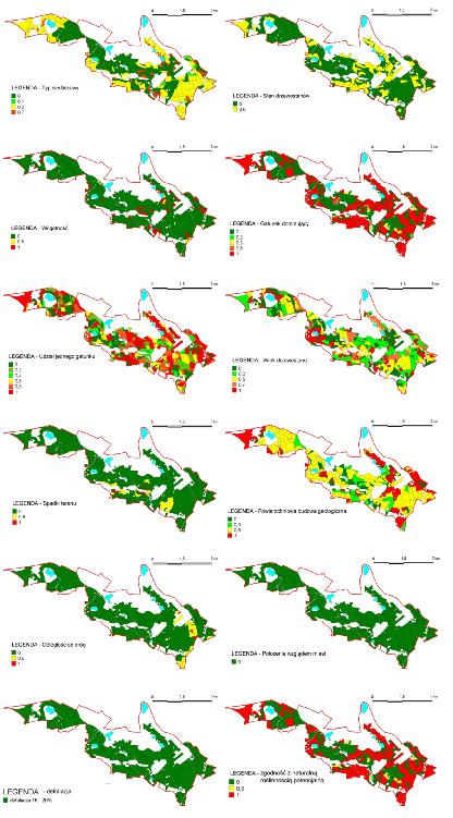 Ryc.. Mapy wynikowe dla poszczególnych 2 parametrów wp³ywaj¹cych na wra liwoœæ lasów na degradacjê.
