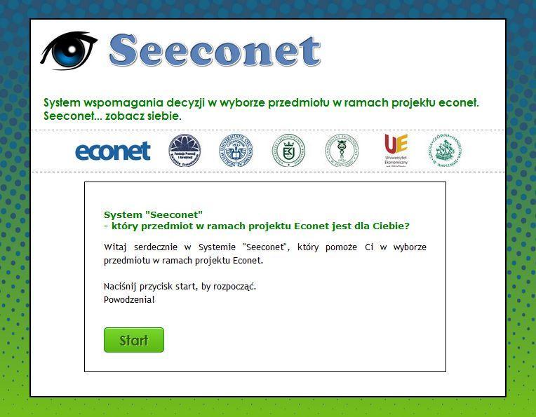 Wykorzystanie szkieletowego systemu ekspertowego dla projektu econet Rysunek 5. Ekran powitalny systemu Seeconet.