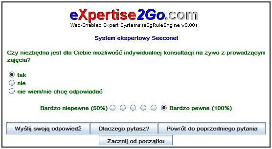 na podstawie udzielonych odpowiedzi. Ponadto możliwym jest wyświetlenie reguł odpowiadających za wydanie danej ekspertyzy oraz informacji, dlaczego system zadaje użytkownikowi konkretne pytanie.