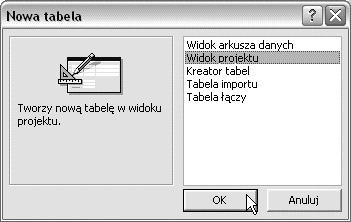 Po jego prawej stronie widoczne jest okno służące do wyboru opcji tworzenia tabeli. Widok arkusza danych umożliwia utworzenie pokratkowanego arkusza.