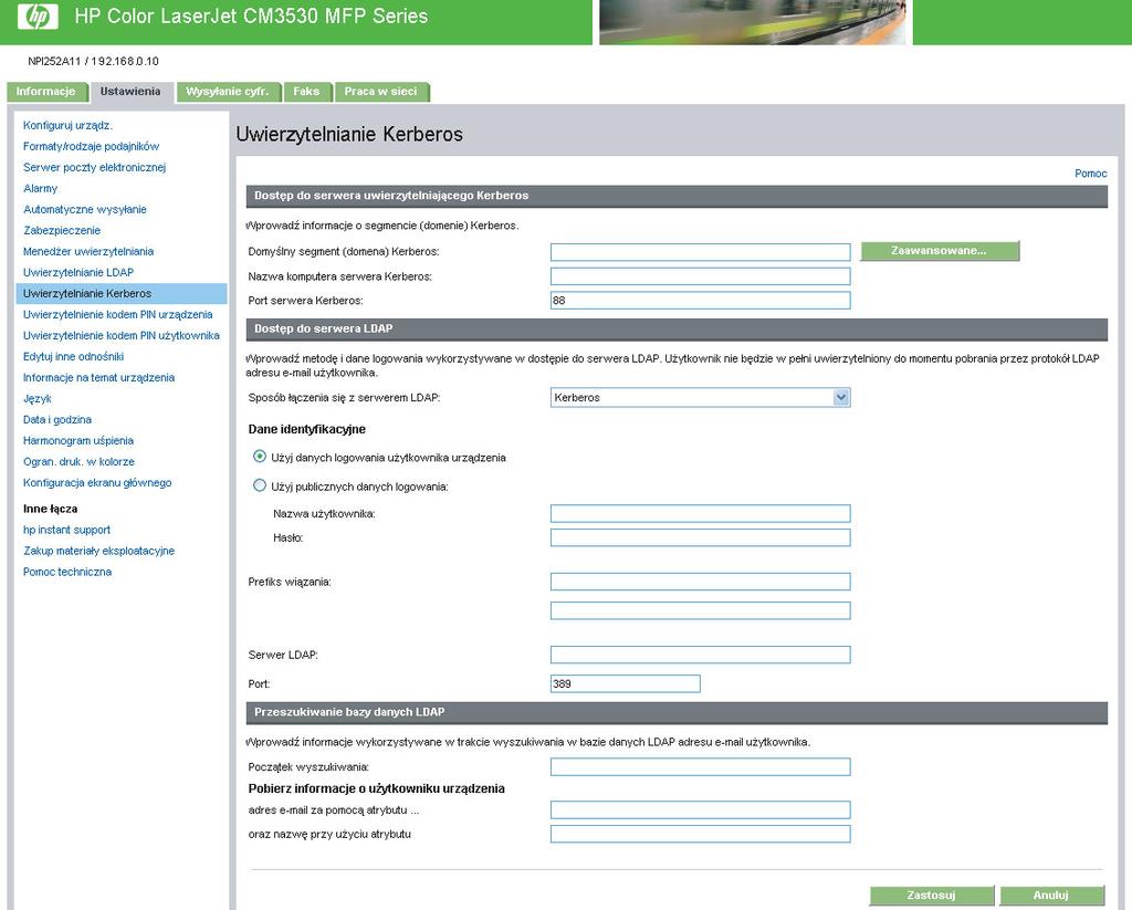 Uwierzytelnianie Kerberos Przy pomocy strony Uwierzytelniania Kerberos możesz skonfigurować urządzenie (zarówno wielofunkcyjne, jak i dystrybucji cyfrowej) tak, aby uwierzytelniało użytkowników w