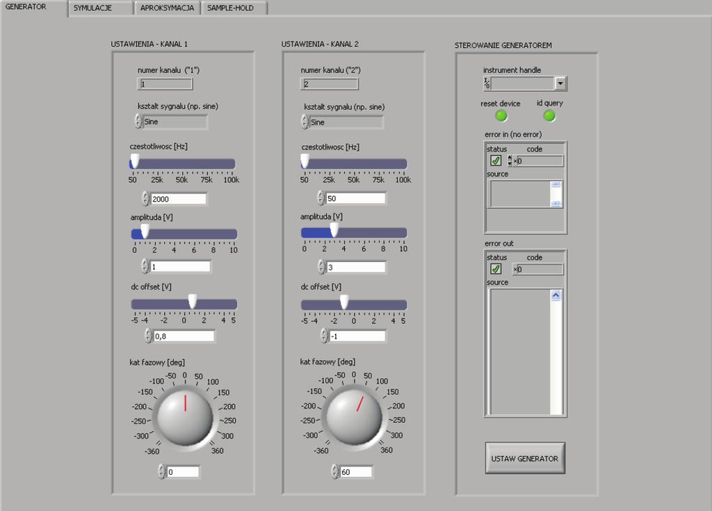 461 Rys. 1. Panel czołowy podprogramu Generator Fig. 1. Front panel of Generator subroutine Panel czołowy został podzielony na trzy części: ustawienia kanał 1, ustawienia kanał 2 i sterowanie generatorem.