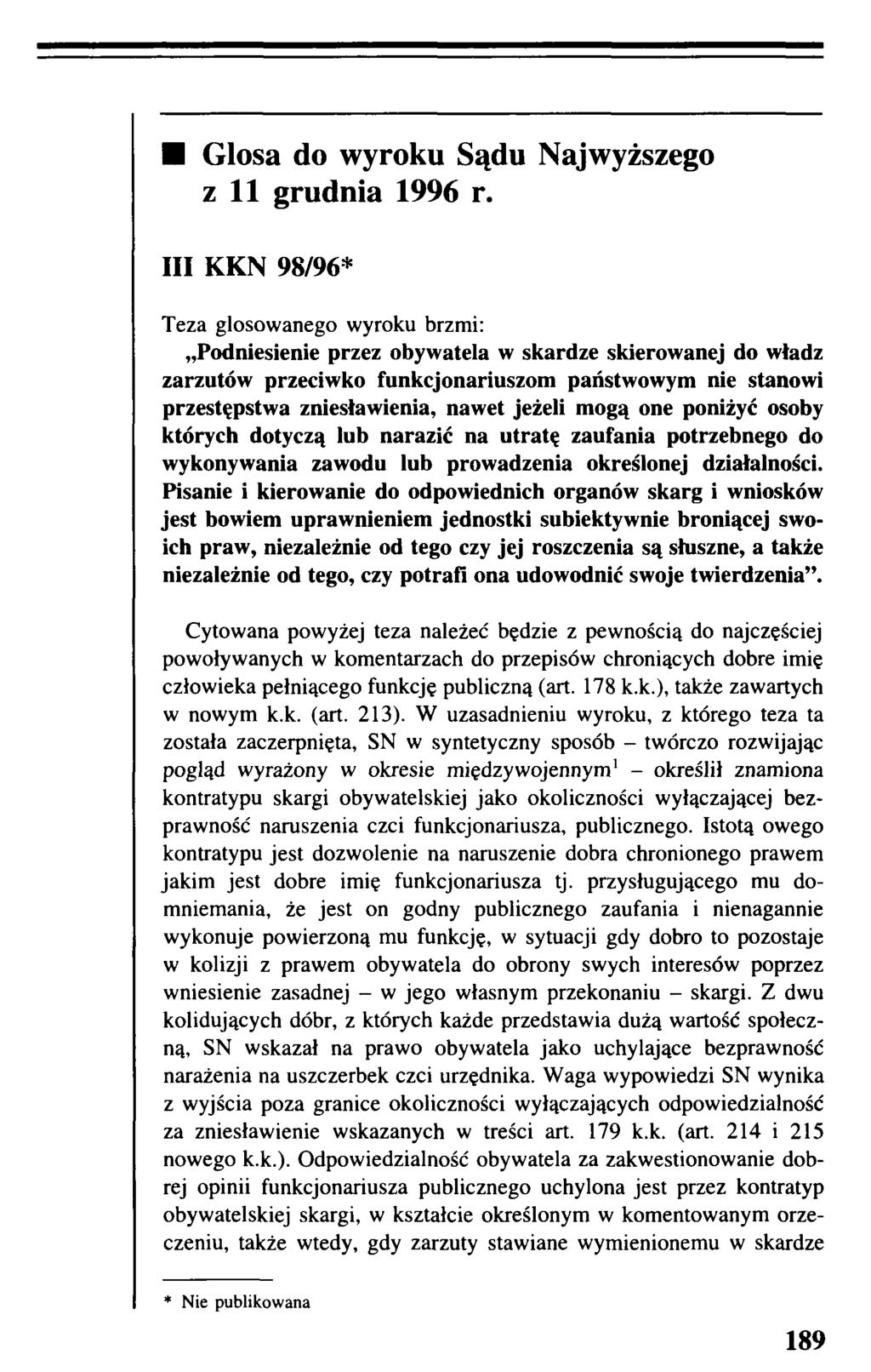 Glosa do wyroku Sądu Najwyższego z 11 grudnia 1996 r.