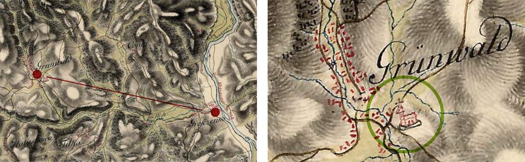 220 D. Kuśnierz-Krupa, M. Krupa Ryc. 1. Grywałd na XVIII-wiecznej Mapie Miega. Czerwoną linią zaznaczono jego lokalizację względem Krościenka nad Dunajcem. Kopia mapy w Archiwum KHAUiSzP WA PK, s.v.