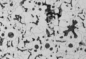 Rys. 3. Mikrostruktura próbki ze schodka grubości 12,5 mm, zgład trawiony (IIIA4-60%) Fig. 3. Microstructure of a specimen from a 12.5 mm thick step, polished section etched, (IIIA4-60%). Rys. 4.