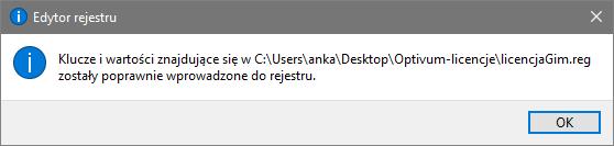 Aby wprowadzić do rejestru dane drugiej licencji: 1. Zamknij program Optivum. 2. Uruchom dwuklikiem plik REG drugiej licencji. Pojawi się komunikat: 3.
