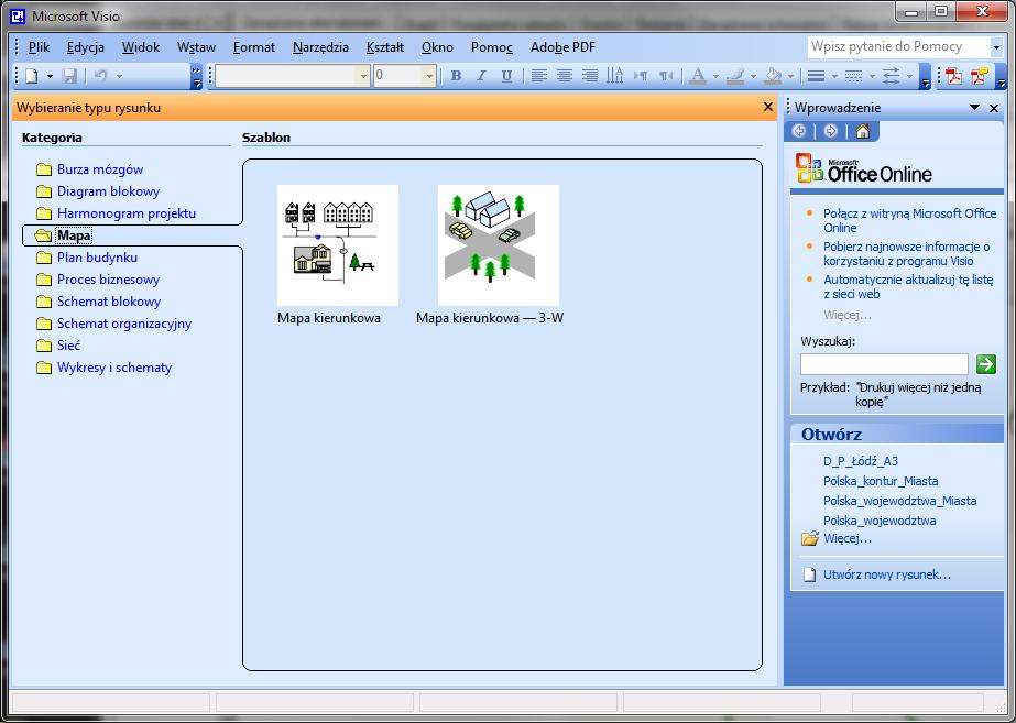 Microsoft Office Visio Środowisko tworzenia rysunków programu Visio obejmuje stronę rysunku, okienko zadań, wzorniki, menu i paski