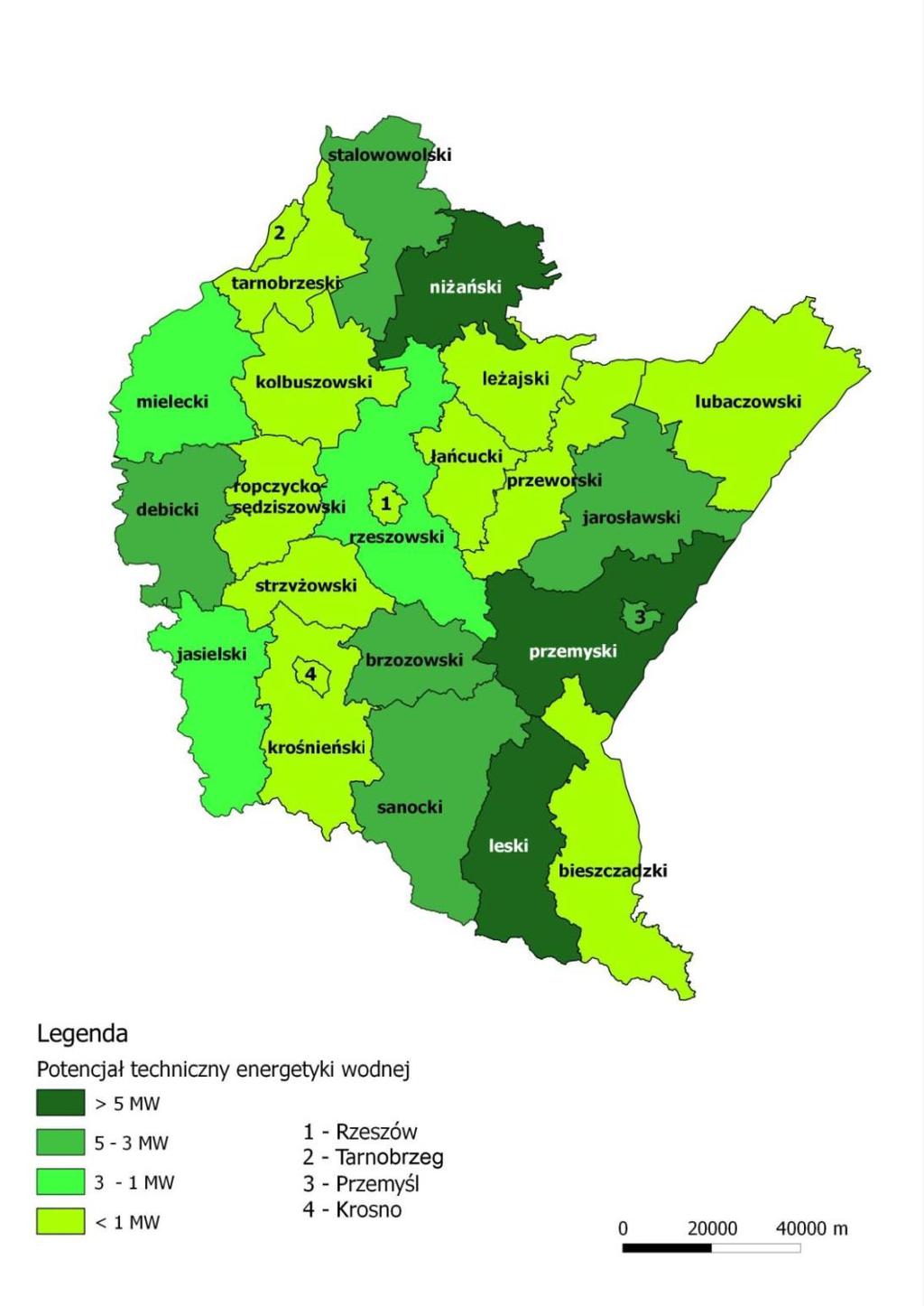 Mapa 8 Potencjał techniczny energetyki wodnej Źródło: Wojewódzki Program Rozwoju OZE dla Województwa Podkarpackiego Na terenie województwa podkarpackiego największy udział w rocznej produkcji energii