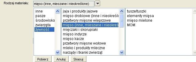 Słownik rodzajów materiałów otwiera się po kliknięciu strzałki znajdującej się z prawej strony pola.