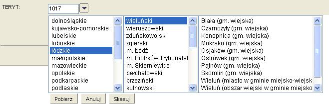 Należy wybrać odpowiednie województwo z lewej kolumny słownika, następnie odpowiedni powiat ze środkowej kolumny, a potem (ewentualnie) odpowiednią gminę z prawej kolumny słownika.