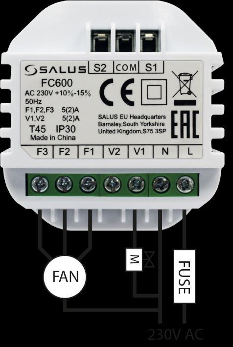 FC600 Podłączenia elektryczne C Schemat podłączenia klimakonwektora 2-rurowego (grzanie lub chłodzenie) Wejścia S1,S2 nie są wykorzystywane w tej konfiguracji Wybór grzanie i chłodzenie lub samo