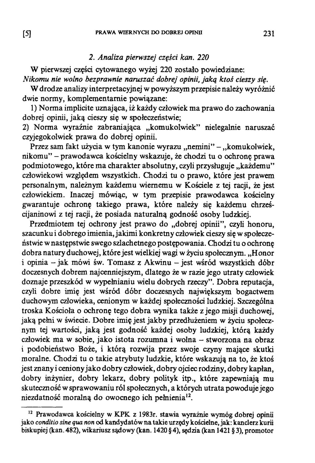 [5] PRAWA WIERNYCH DO DOBREJ OPINII 231 2. Analiza pierwszej części kan.