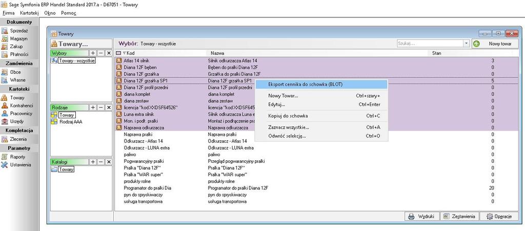 Uruchomienie dodatku Dodatek uruchamiany z kartoteki Towary. Zaznaczamy towary do eksportu.