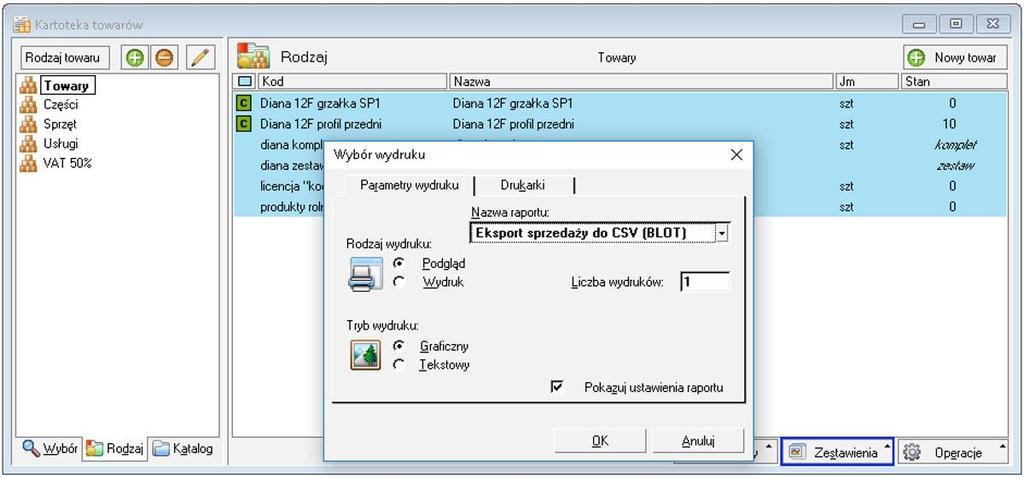 Uruchomienie dodatku Aby wygenerowa plik, nale y zaznaczy wybrane towary na kartotece towarów i wykona raport 'Zestawienia