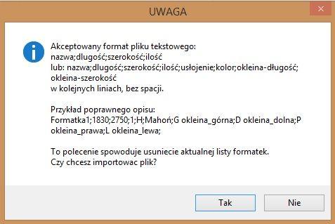 Rys. 27 informacja o wymaganym formacie pliku tekstowego z danymi formatek Rys.