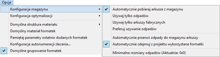 Rys. 34 opcje konfiguracji magazynu po wybraniu opcji Automatycznie pobieraj arkusze Automatycznie przenoś odpady do magazynu arkuszy - odpady powstałe w trakcie rozkroju będą automatycznie dodane do