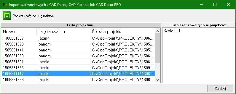 Rys. 52 importowanie formatek szaf wnękowych z programu CAD Kuchnie 8) - w tym polu można przełączyć optymalizację rozkroju na tryb cięcia arkuszy w pasy poziome, pasy pionowe lub na tryb mieszany.