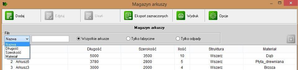 Magazyn arkuszy Magazyn służy do przechowywania dowolnej liczby zdefiniowanych płyt oraz powstałych odpadów. Można z niego pobierać arkusze fabryczne lub odpady do bieżącego projektu.