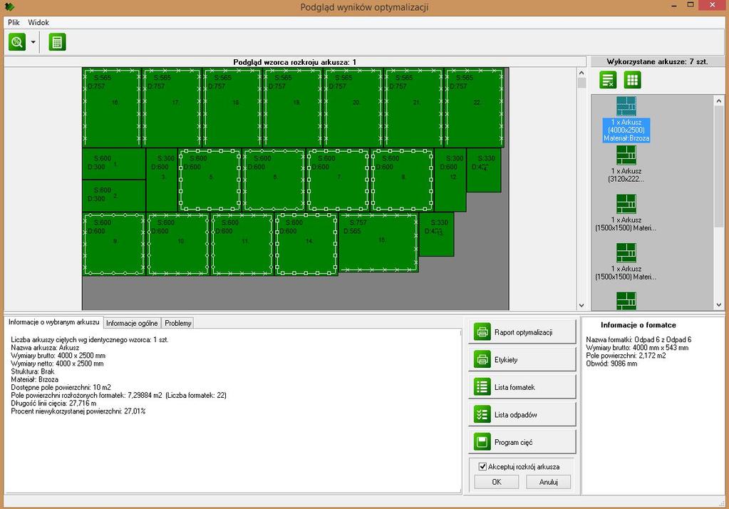 Program dopasowuje zdefiniowane formatki do dostępnych arkuszy i rozkłada je tak, aby zminimalizować ilość otrzymywanych odpadów.