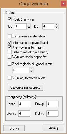 raporcie); zdecydować, czy ma zostać wygenerowane zestawienie materiałów; zaznaczyć, czy mają być podane informacje o optymalizacji;