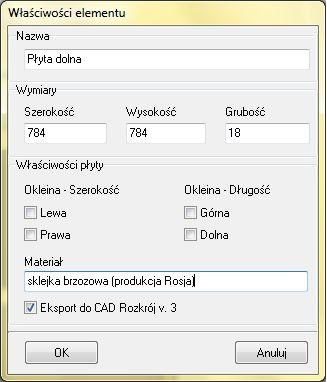 W oknie Zestawienia elementów konstrukcyjnych na dwóch listach, osobnych dla korpusu i dla frontów, rozpisane są części składowe wybranej szafki, z podaniem wszystkich niezbędnych parametrów.