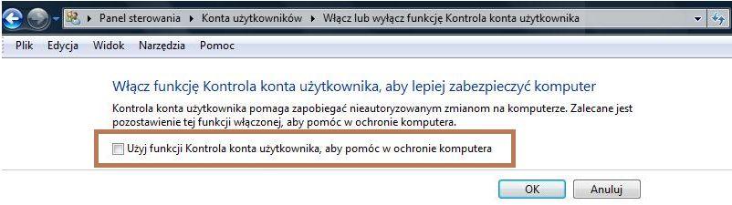 W tym celu w pierwszej kolejności należy przejść do panelu sterowania i wybrać pozycję Konta użytkowników, a następnie opcję Zmień ustawienia funkcji Kontrola konta użytkownika (Rys. 6).