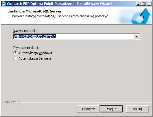 Uwaga: Na wskazanym serwerze SQL, zanim nawiązane zostanie połączenie, musi być już utworzona baza konfiguracyjna oraz bazy firmowe Comarch ERP Optima.
