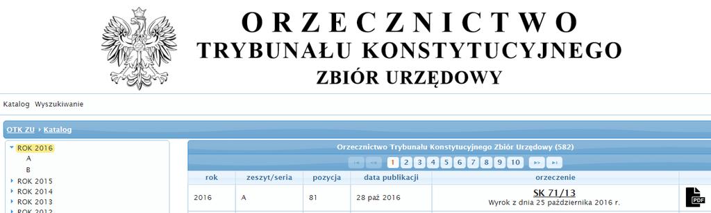 Wyszukiwanie po adresie publikacyjnym w Zbiorze Urzędowym OTK ZU Rocznik Seria: A- wyroki i