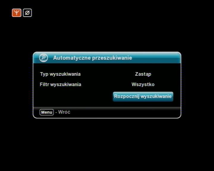 4. W podmenu Automatyczne przeszukiwanie wykorzystując strzałki nawigacyjne przechodzimy do pozycji Rozpocznij wyszukiwanie i zatwierdzamy przyciskiem OK.