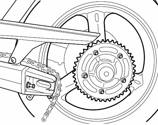 Demontaż koła tylnego 1. Motocykl ustawić na nóżce bocznej. 2. Odkręcić nakrętkę osi koła tylnego (2). Nie dotykać gorącego układu wydechowego. Kontakt z nim grozi oparzeniem.