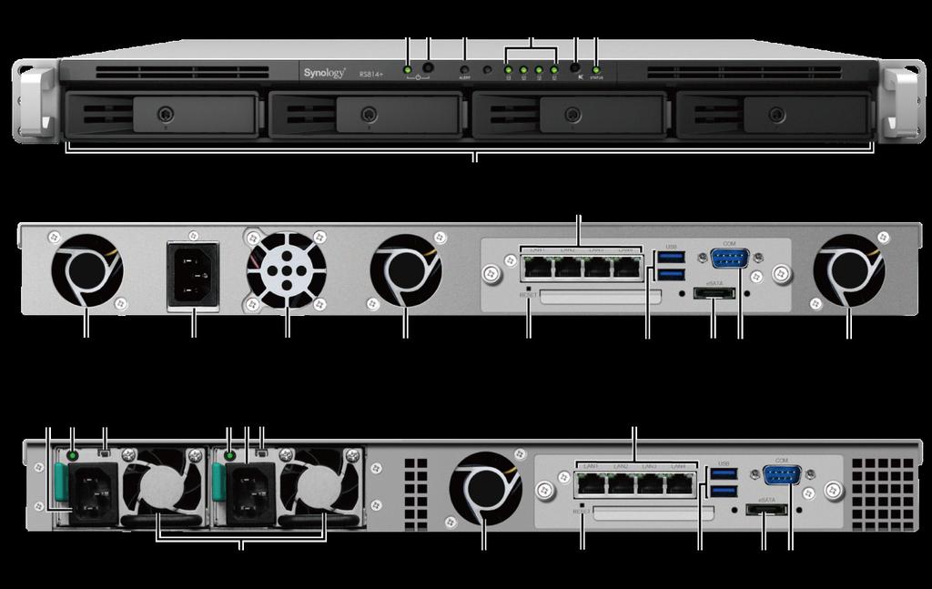 Elementy serwera Synology RackStation Lp. Element Lokalizacja Opis 1) Wskaźnik zasilania Pokazuje stan zasilania serwera RackStation.