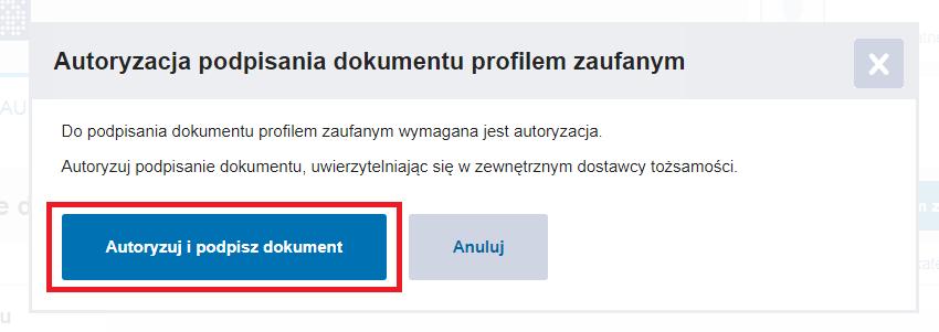 Po chwili otworzy się okienko do autoryzacji wysyłki wniosku za pomocą Profilu Zaufanego.